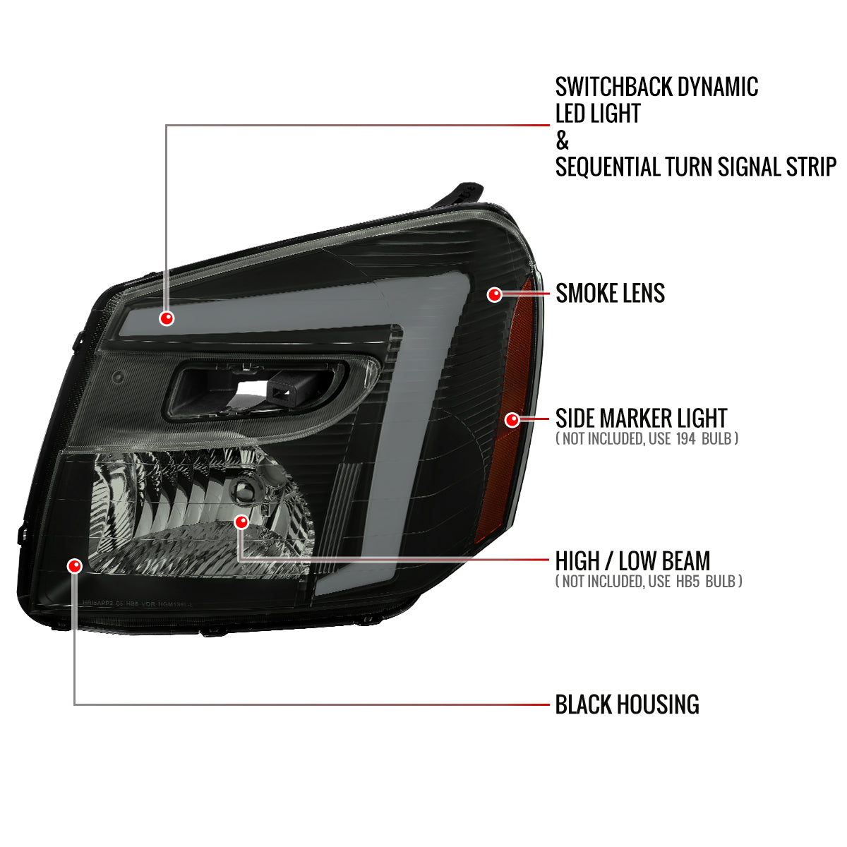 2005-2009 Chevy Equinox Factory Style Headlights with Sequential Switchback LED Bar Turn Signal (Matte Black Housing / Smoked Lens)
