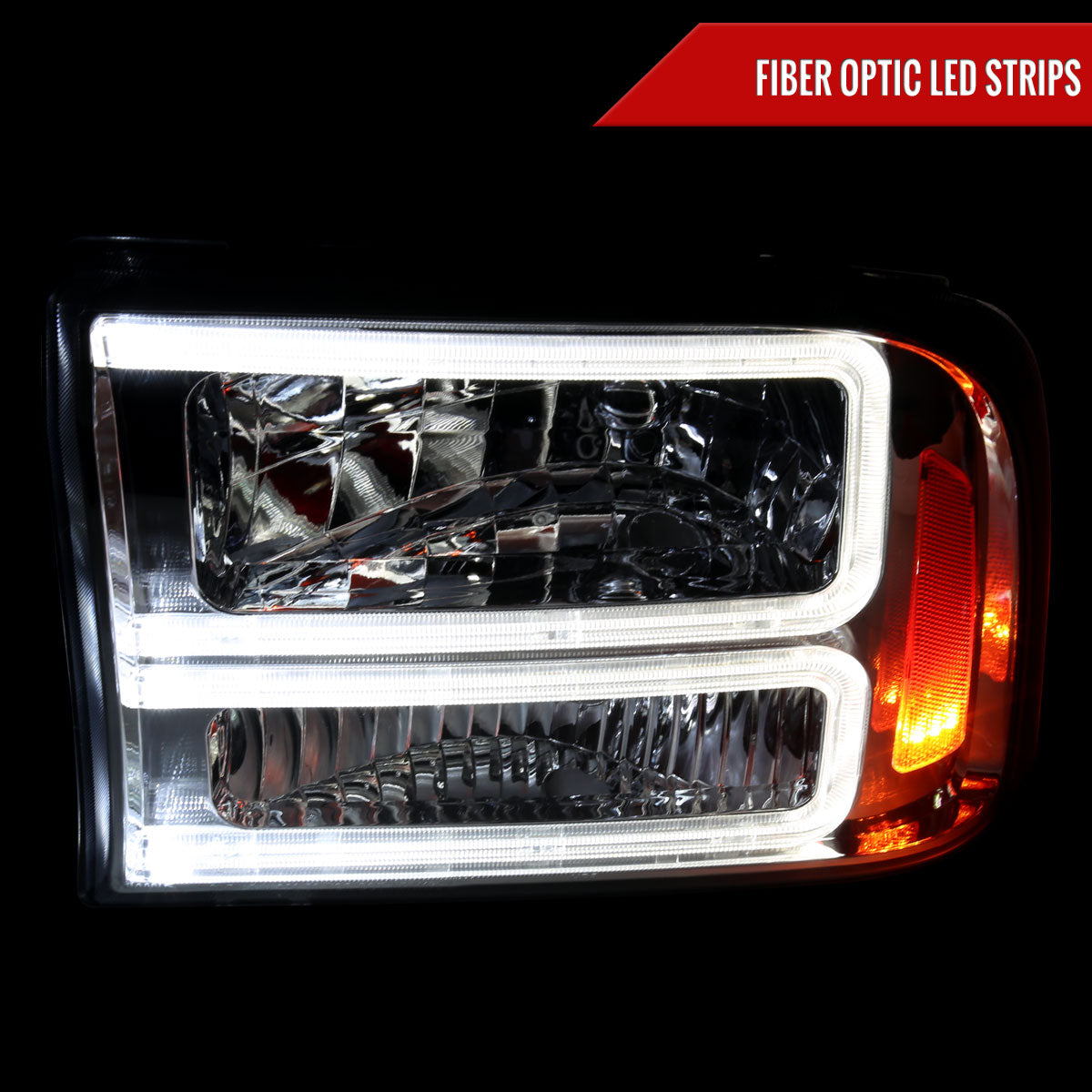 1999-2004 Ford F-250/F-350/F-450/F-550/2000-2004 Excursion Euro Factory Style Headlights with Dual LED C-Bar (Chrome Housing/Clear Lens)