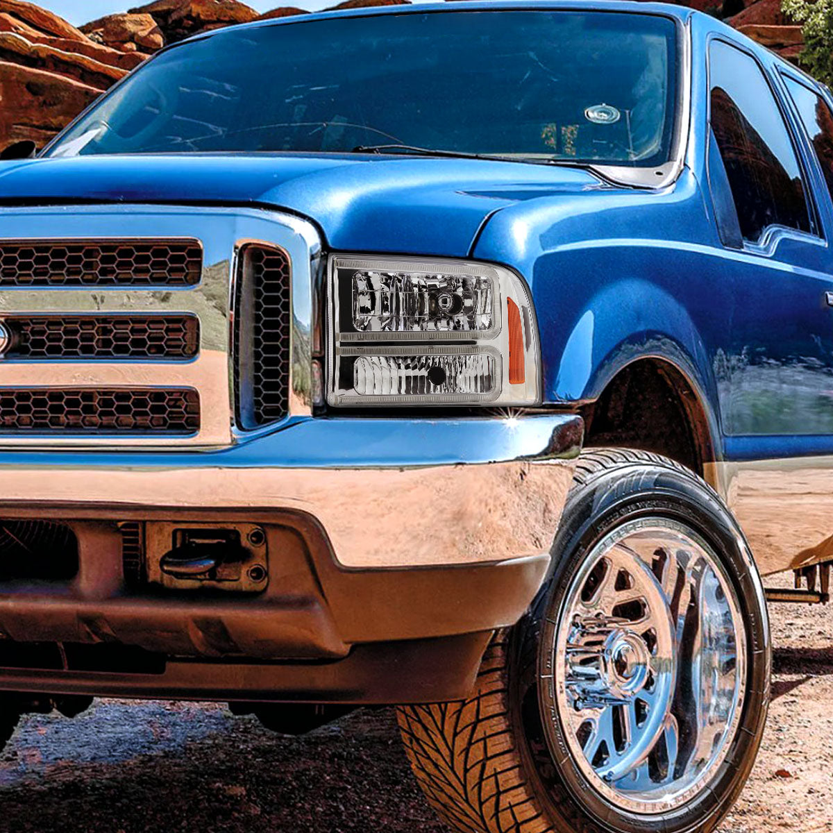 1999-2004 Ford F-250/F-350/F-450/F-550/2000-2004 Excursion Euro Factory Style Headlights with Dual LED C-Bar (Chrome Housing/Clear Lens)