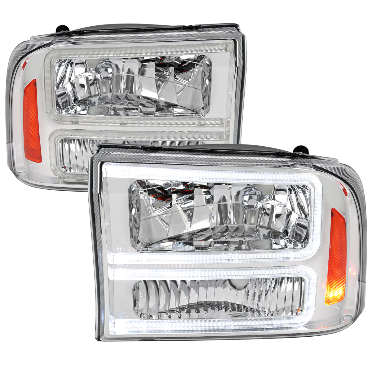 1999-2004 Ford F-250/F-350/F-450/F-550/2000-2004 Excursion Euro Factory Style Headlights with Dual LED C-Bar (Chrome Housing/Clear Lens)
