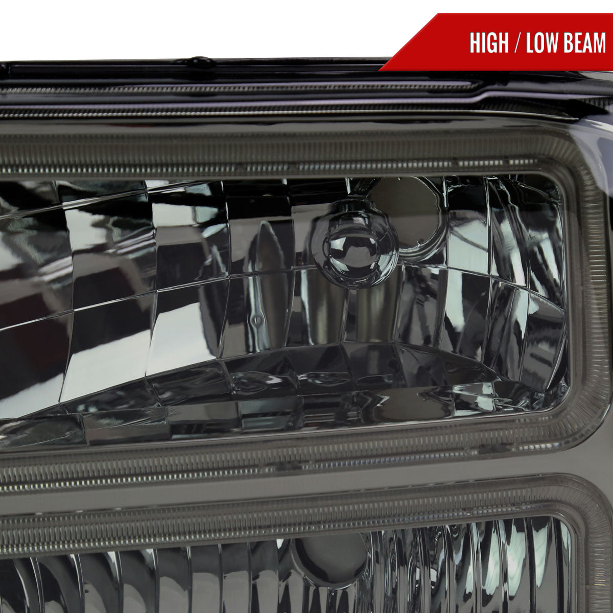 1999-2004 Ford F-250/F-350/F-450/F-550/2000-2004 Excursion Euro Factory Style Headlights with Dual LED C-Bar (Chrome Housing/Smoked Lens)