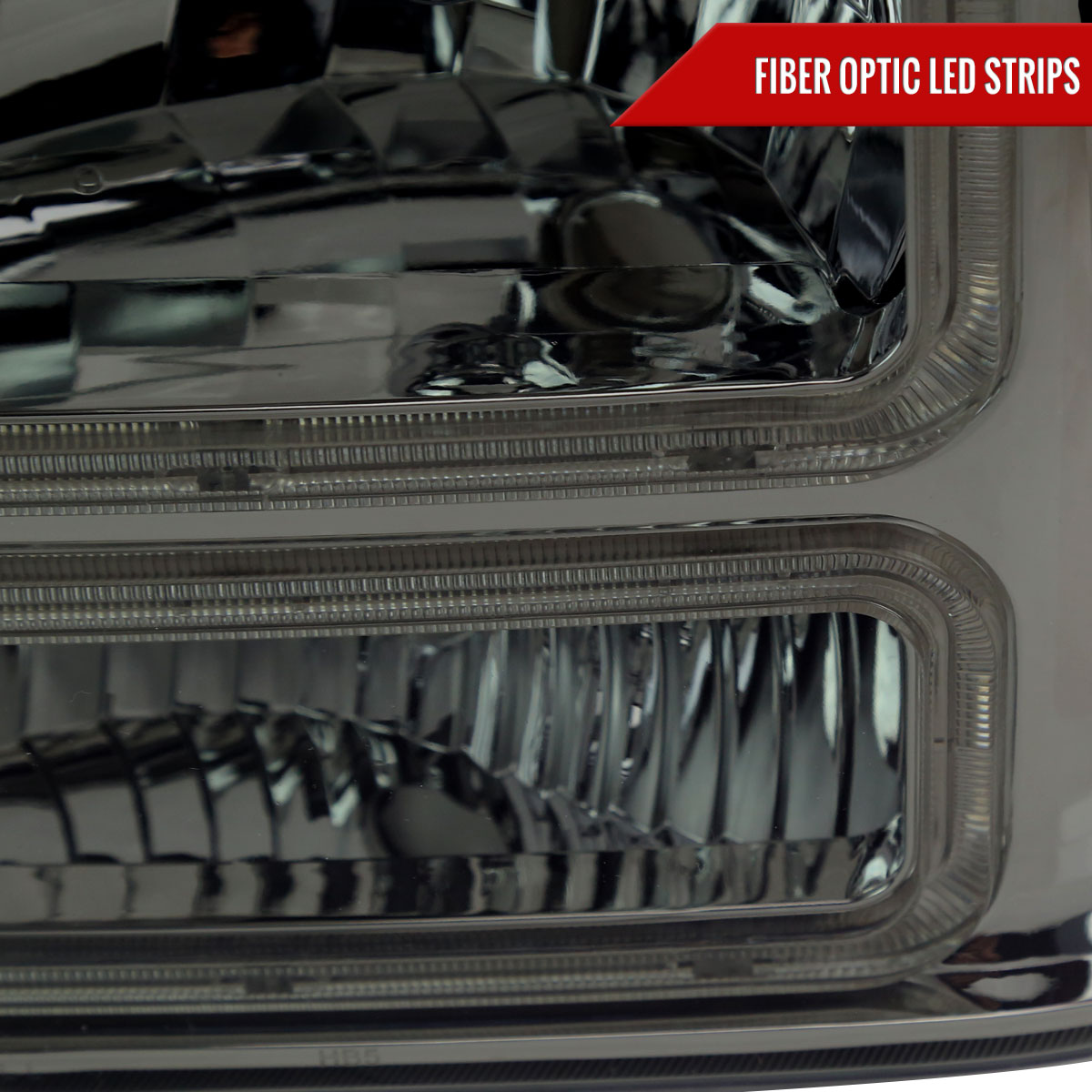 1999-2004 Ford F-250/F-350/F-450/F-550/2000-2004 Excursion Euro Factory Style Headlights with Dual LED C-Bar (Chrome Housing/Smoked Lens)