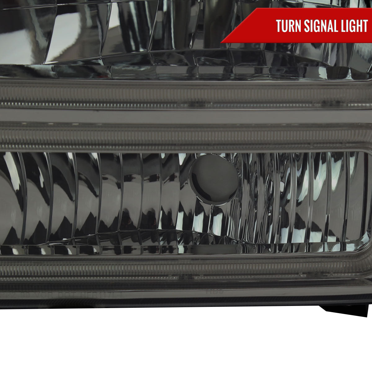 1999-2004 Ford F-250/F-350/F-450/F-550/2000-2004 Excursion Euro Factory Style Headlights with Dual LED C-Bar (Chrome Housing/Smoked Lens)