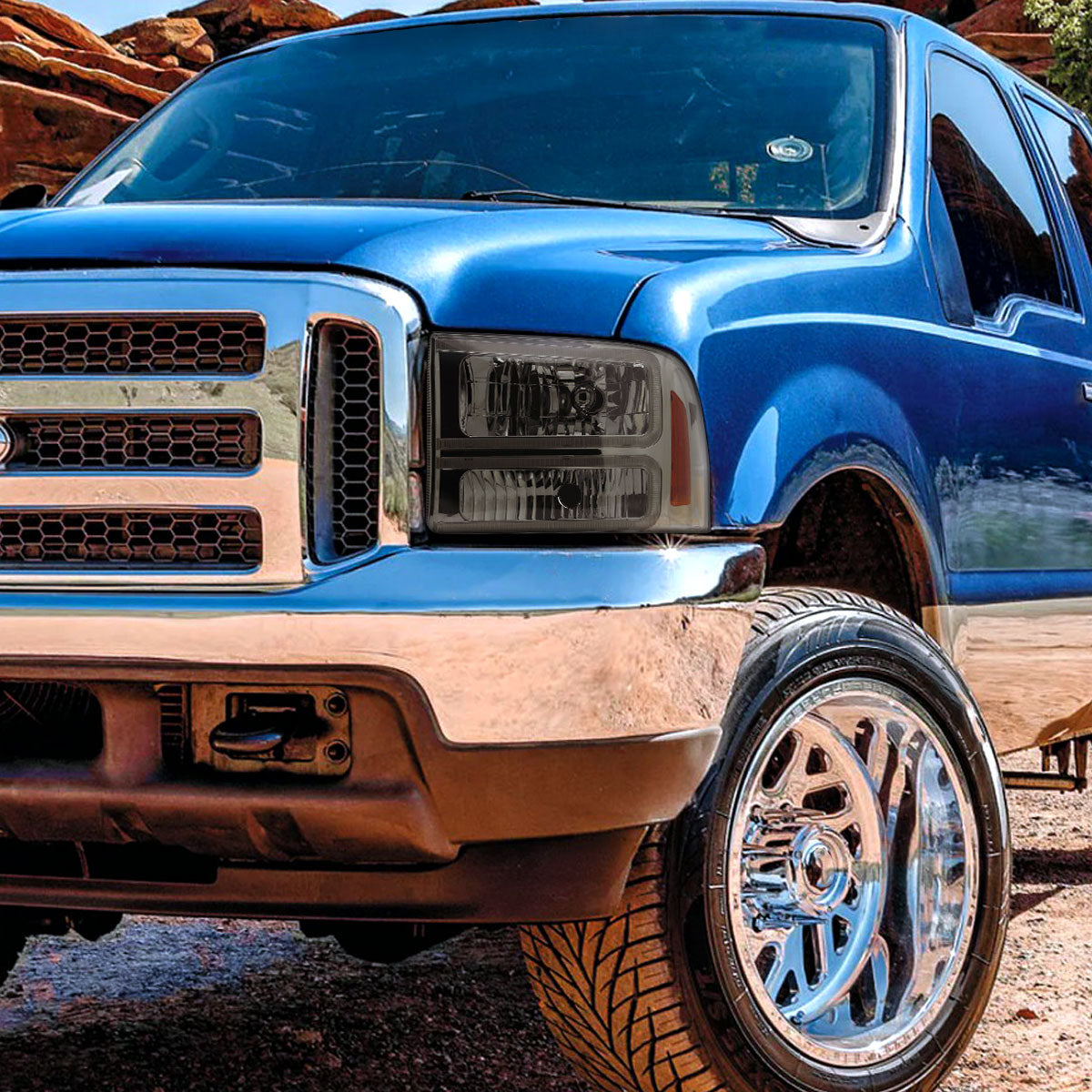 1999-2004 Ford F-250/F-350/F-450/F-550/2000-2004 Excursion Euro Factory Style Headlights with Dual LED C-Bar (Chrome Housing/Smoked Lens)