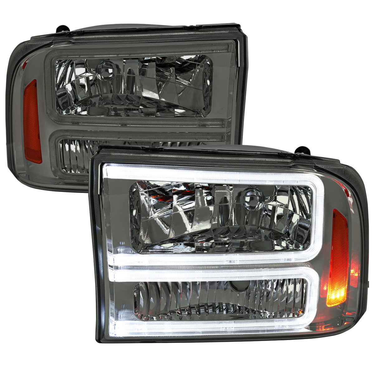 1999-2004 Ford F-250/F-350/F-450/F-550/2000-2004 Excursion Euro Factory Style Headlights with Dual LED C-Bar (Chrome Housing/Smoked Lens)