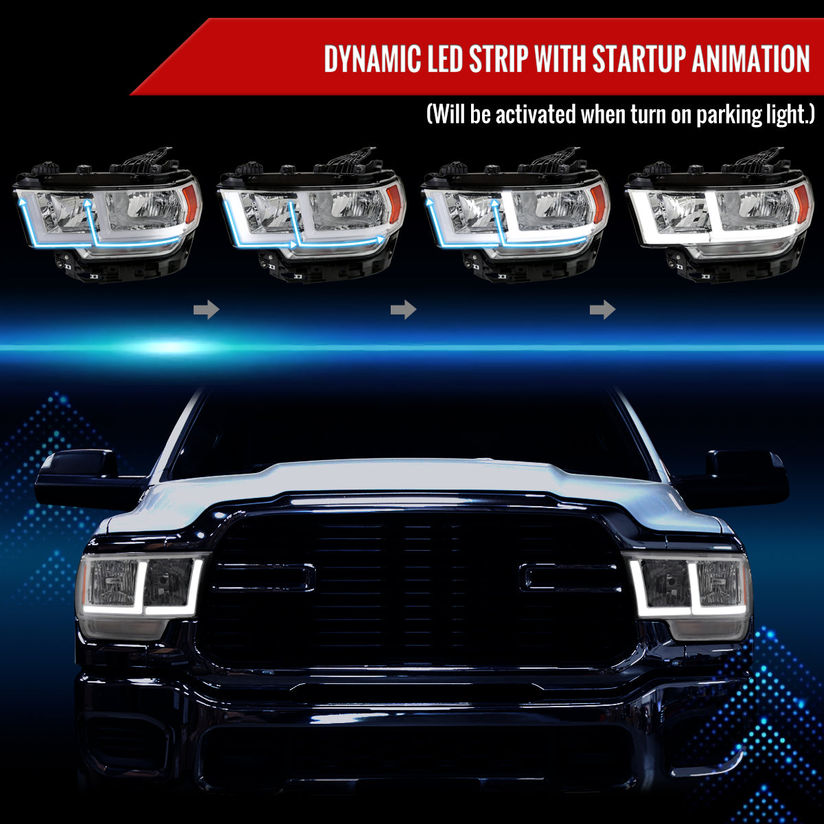 2019-2024 Dodge RAM 2500/3500/4500/5500 LED Bar Factory Style Headlights (Chrome Housing/Clear Lens)