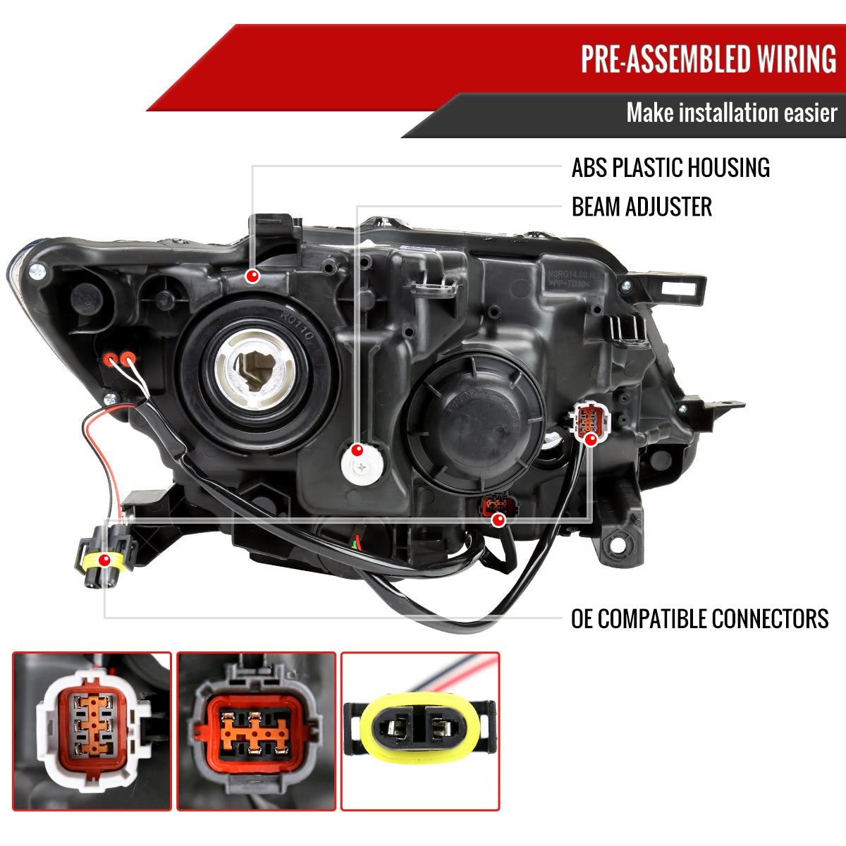 2014-2016 Nissan Rogue LED Strip Factory Style Headlights (Chrome Housing/Smoked Lens)