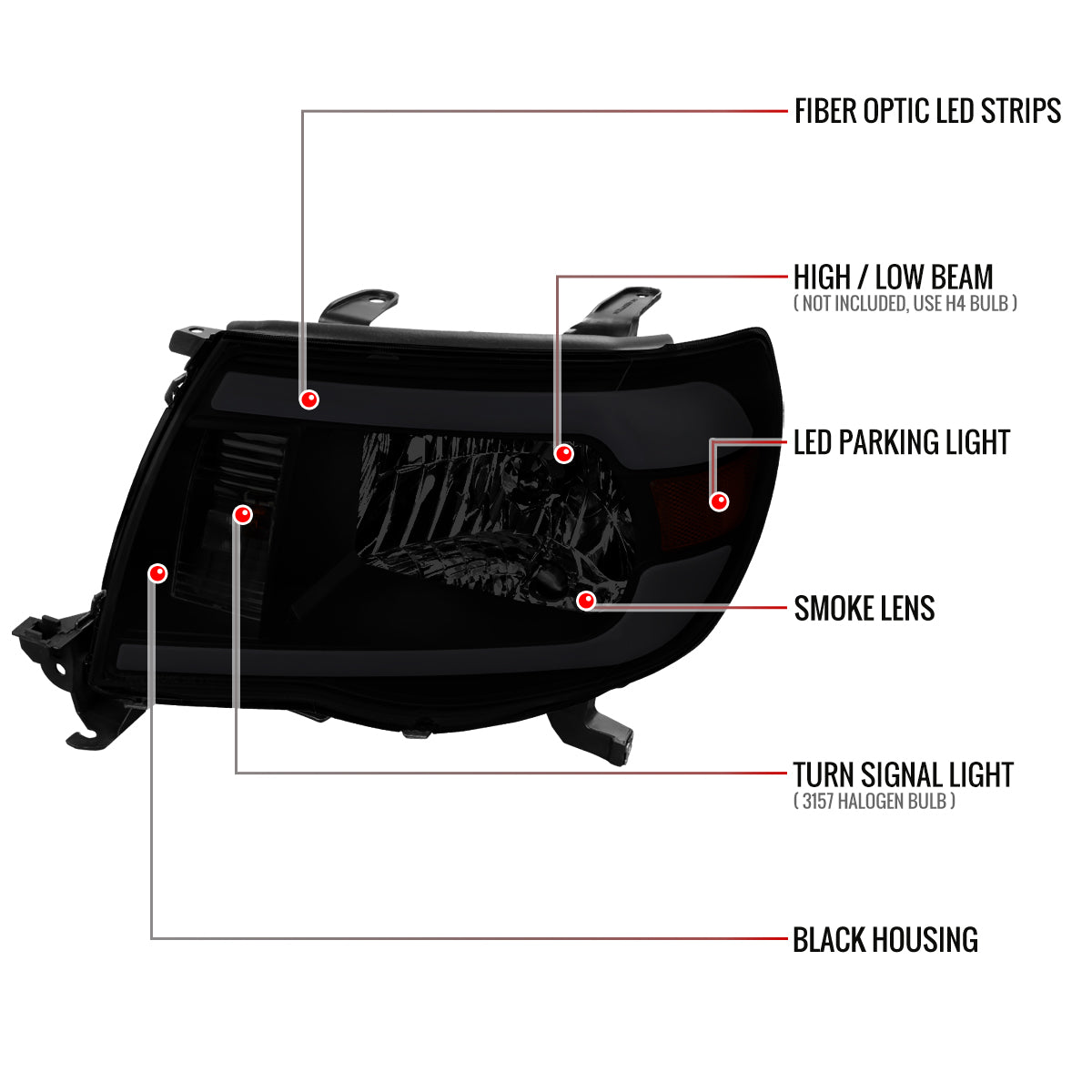 2005-2011 Toyota Tacoma LED Bar Factory Style Headlights (Matte Black Housing/Smoked Lens)