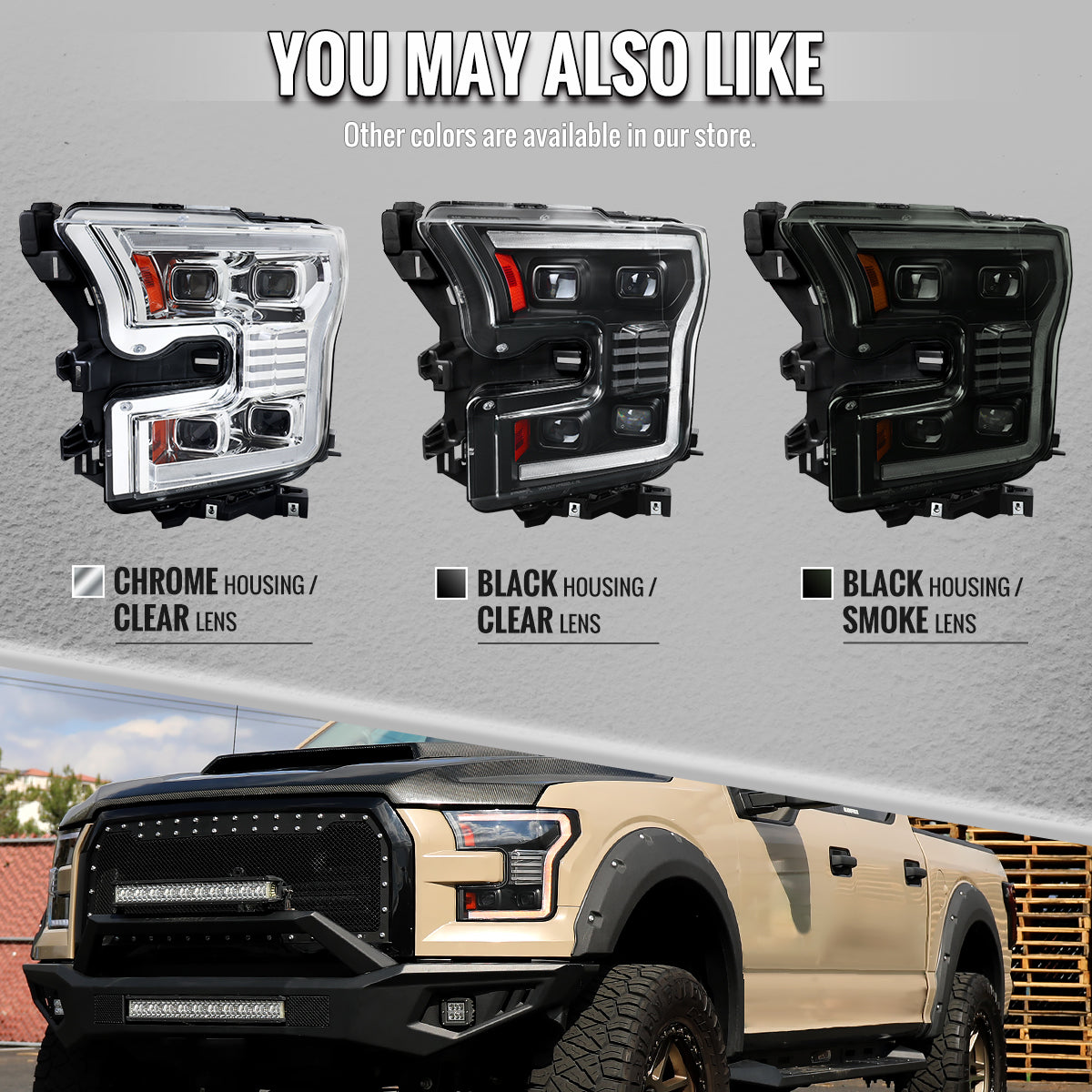 2015-2017 Ford F-150 LED Projector Headlights w/ Switchback LED Sequential Turn Signals DRL Parking Light Strip (Black Housing / Clear Lens)