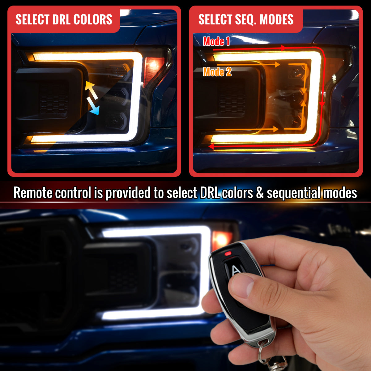 2018-2020 Ford F-150 Full LED Projector Headlights w/ Switchback LED Sequential Turn Signals DRL (Black Housing / Clear Lens)