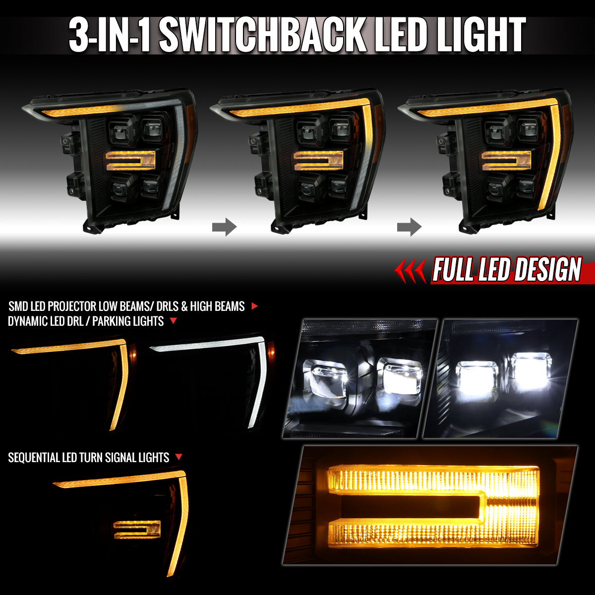 2021-2023 Ford F-150 Full LED Projector Headlights w/ Switchback LED Sequential Turn Signals DRL Parking Light Strip (Black Housing / Smoked Lens) - Fits Models w/ Factory Halogen Headlights
