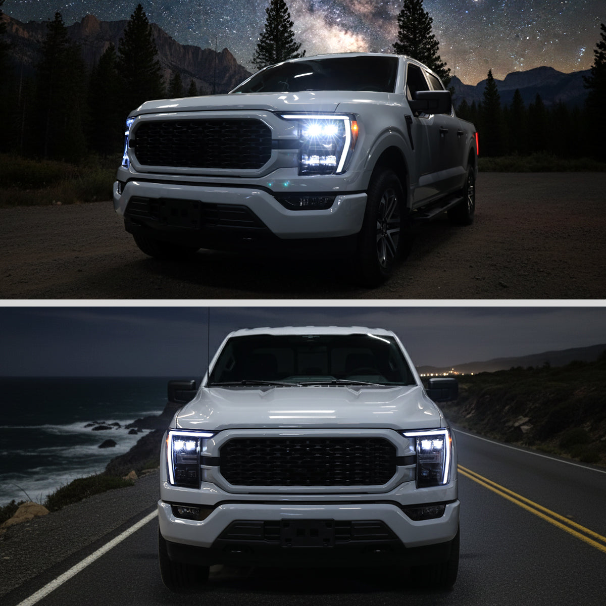 2021-2023 Ford F-150 Full LED Projector Headlights w/ Switchback LED Sequential Turn Signals DRL Parking Light Strip (Black Housing / Smoked Lens) - Fits Models w/ Factory Halogen Headlights