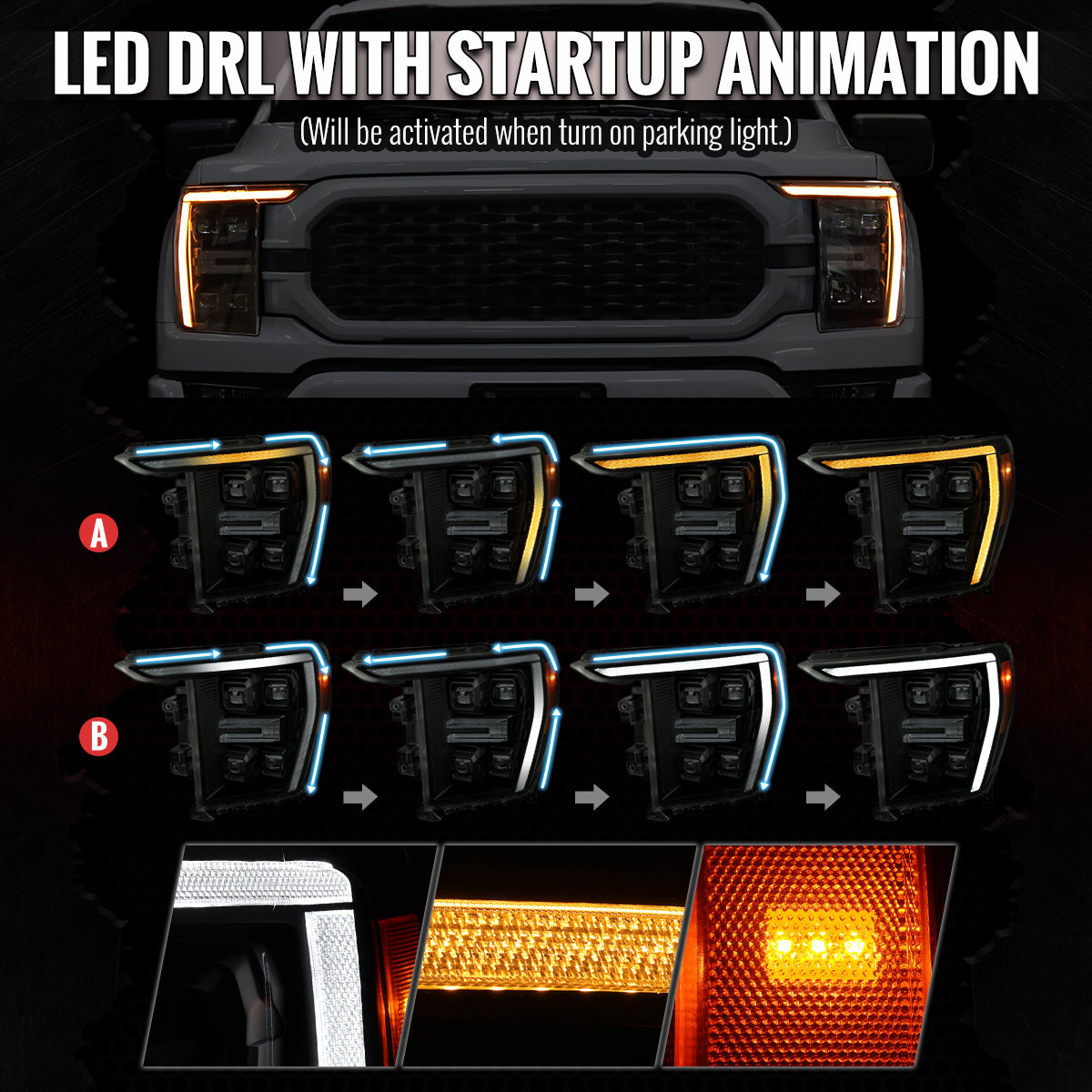 2021-2023 Ford F-150 Full LED Projector Headlights w/ Switchback LED Sequential Turn Signals DRL Parking Light Strip (Black Housing / Smoked Lens) - Fits Models w/ Factory Halogen Headlights