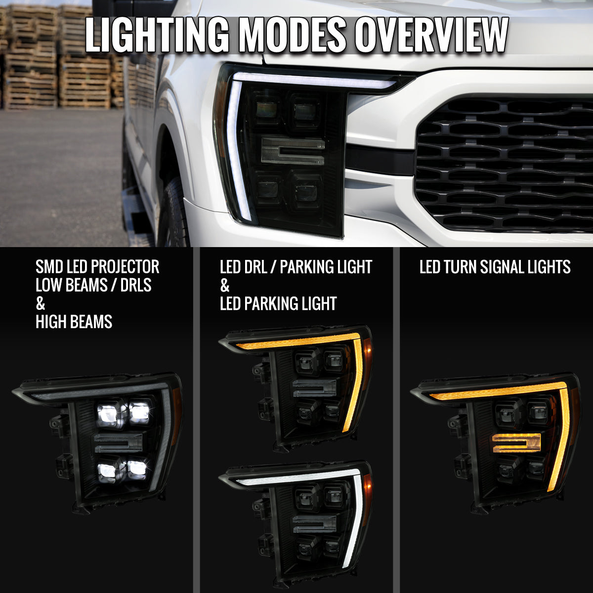 2021-2023 Ford F-150 Full LED Projector Headlights w/ Switchback LED Sequential Turn Signals DRL Parking Light Strip (Black Housing / Smoked Lens) - Fits Models w/ Factory Halogen Headlights
