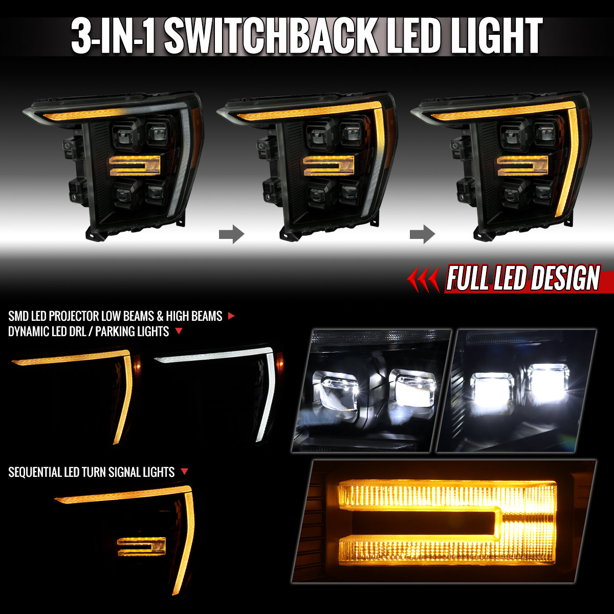 2021-2023 Ford F-150 Full LED Projector Headlights w/ Switchback LED Sequential Turn Signals DRL Parking Light Strip (Black Housing / Smoked Lens) - Fits Models w/ Factory LED Headlights