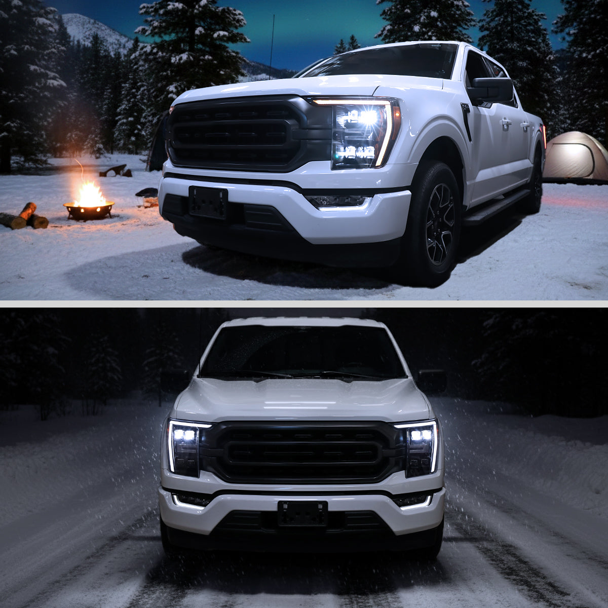 2021-2023 Ford F-150 Full LED Projector Headlights w/ Switchback LED Sequential Turn Signals DRL Parking Light Strip (Black Housing / Smoked Lens) - Fits Models w/ Factory LED Headlights