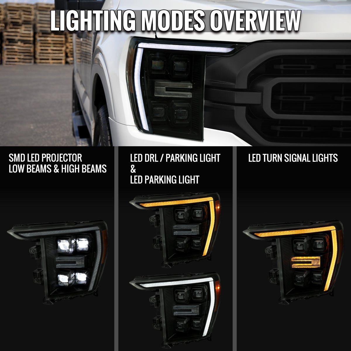 2021-2023 Ford F-150 Full LED Projector Headlights w/ Switchback LED Sequential Turn Signals DRL Parking Light Strip (Black Housing / Smoked Lens) - Fits Models w/ Factory LED Headlights