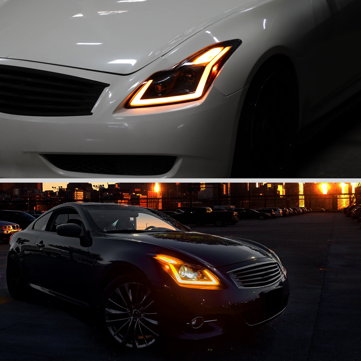 2008-2013 Infiniti G37/2014-2015 Q60 Coupe/Convertible Sequential Switchback LED Turn Signal Full LED Projector Headlights (Matte Black Housing / Clear Lens)