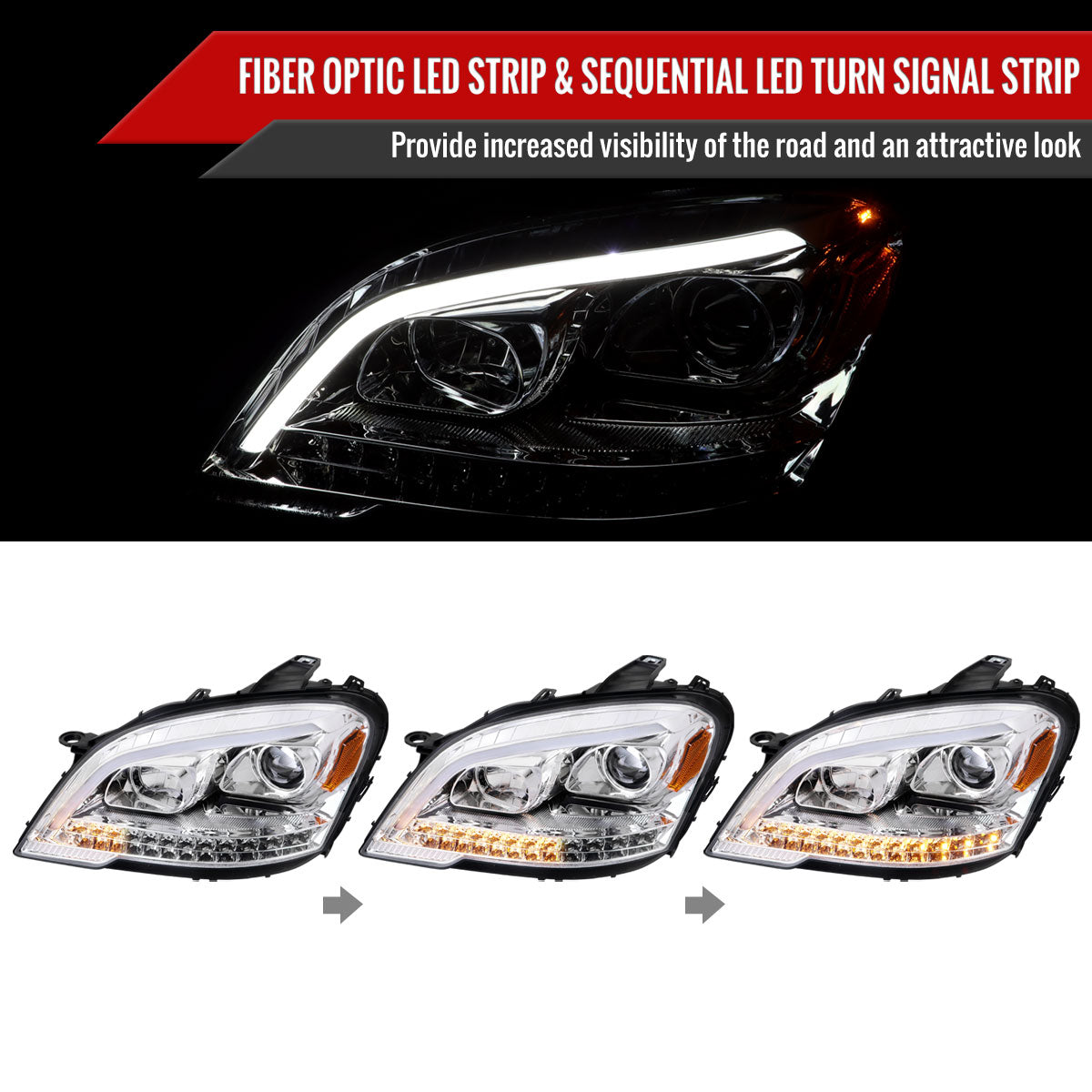 2009-2011 Mercedes Benz W164 ML-Class LED Sequetial Turn Signal Projector Headlights (Chrome Housing/Clear Lens)