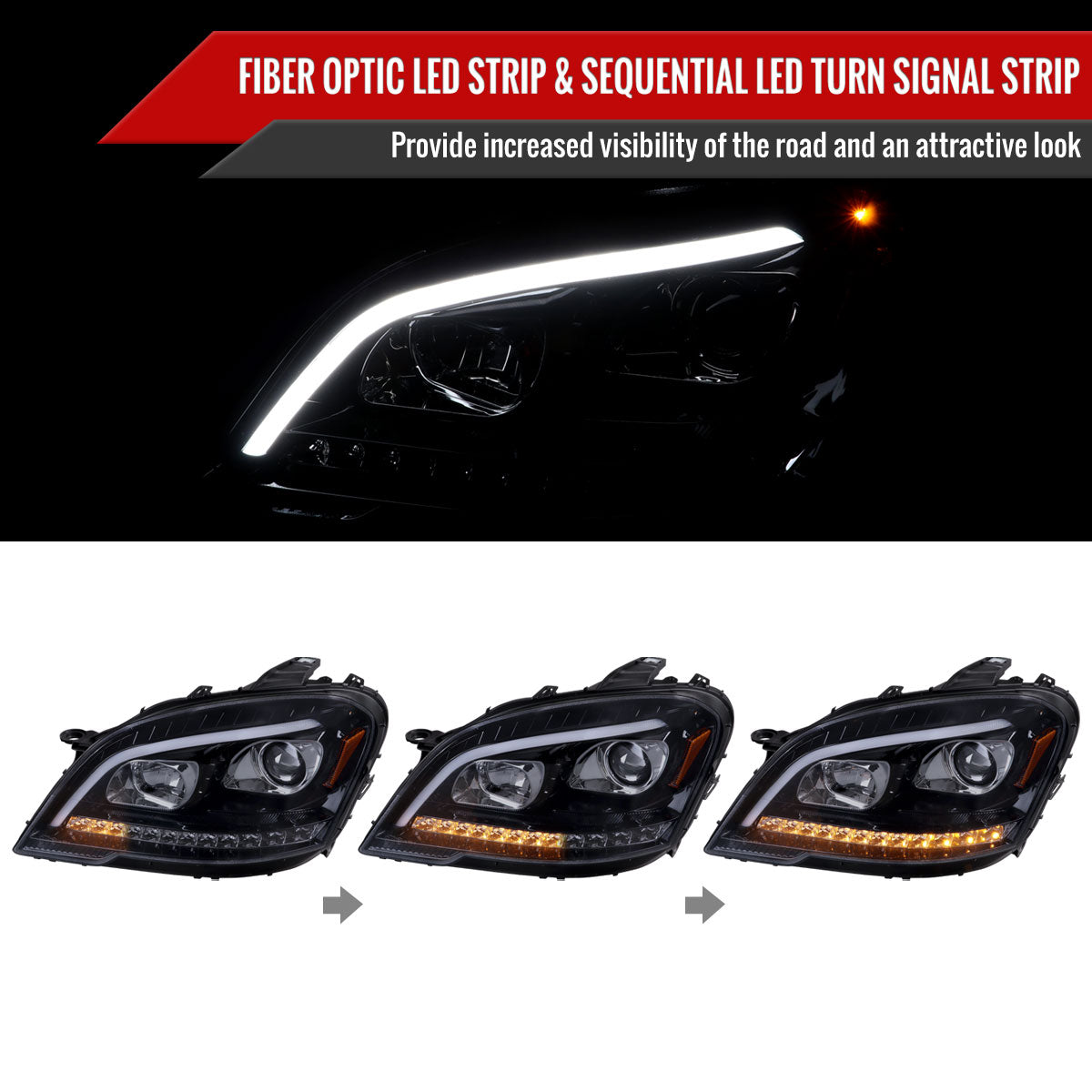 2009-2011 Mercedes Benz W164 ML-Class LED Sequetial Turn Signal Projector Headlights (Glossy Black Housing/Smoked Lens)