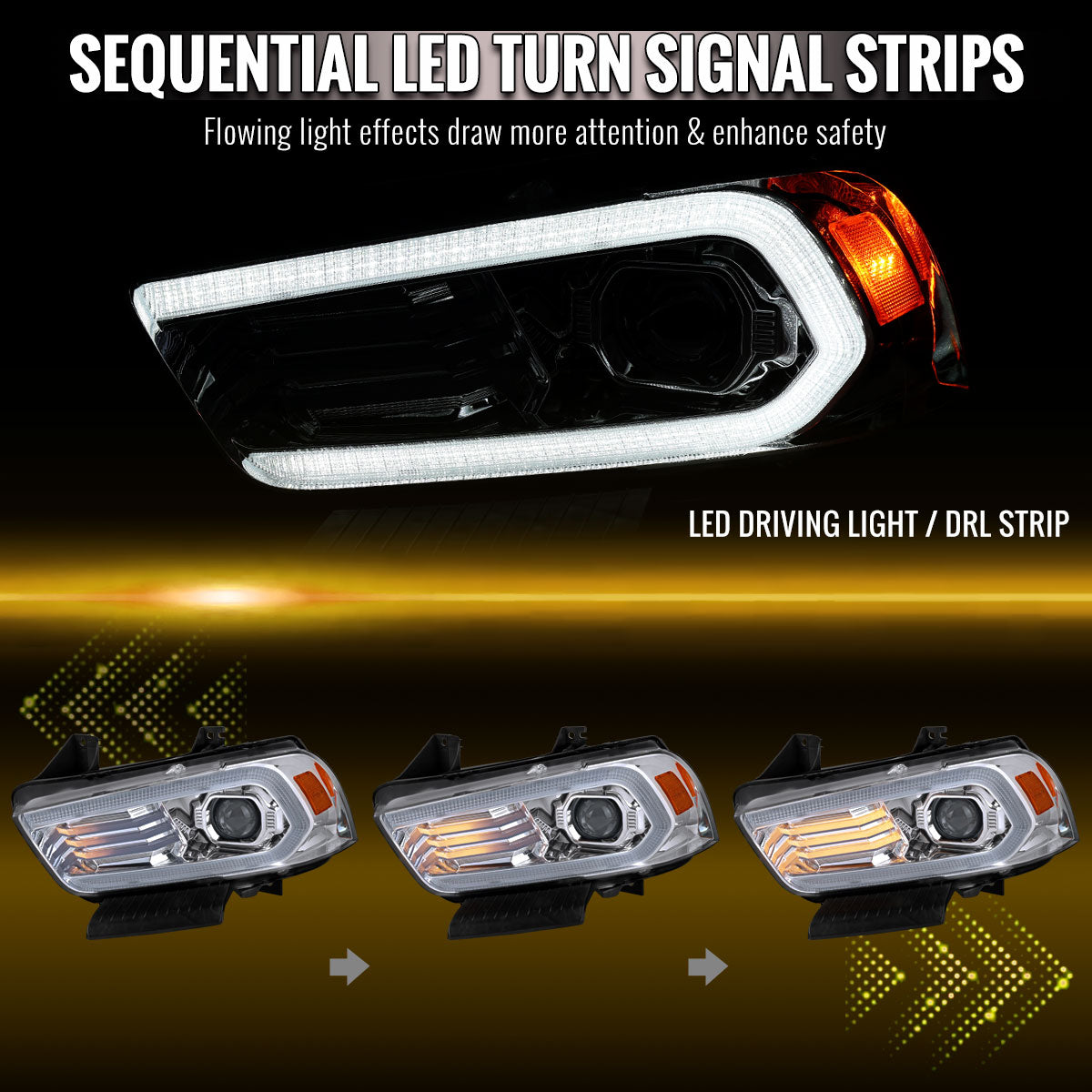 2011-2014 Dodge Charger HID Projector Headlights w/ LED DRL Light Strip Sequential Turn Signal and Side Marker (Chrome Housing / Clear Lens)