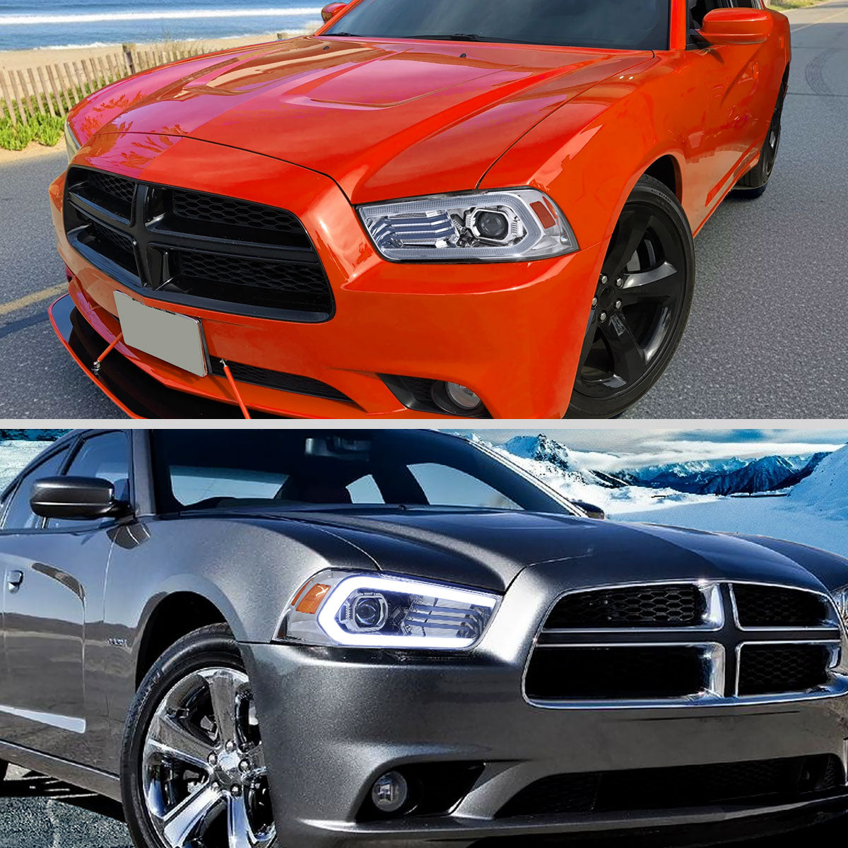 2011-2014 Dodge Charger HID Projector Headlights w/ LED DRL Light Strip Sequential Turn Signal and Side Marker (Chrome Housing / Clear Lens)