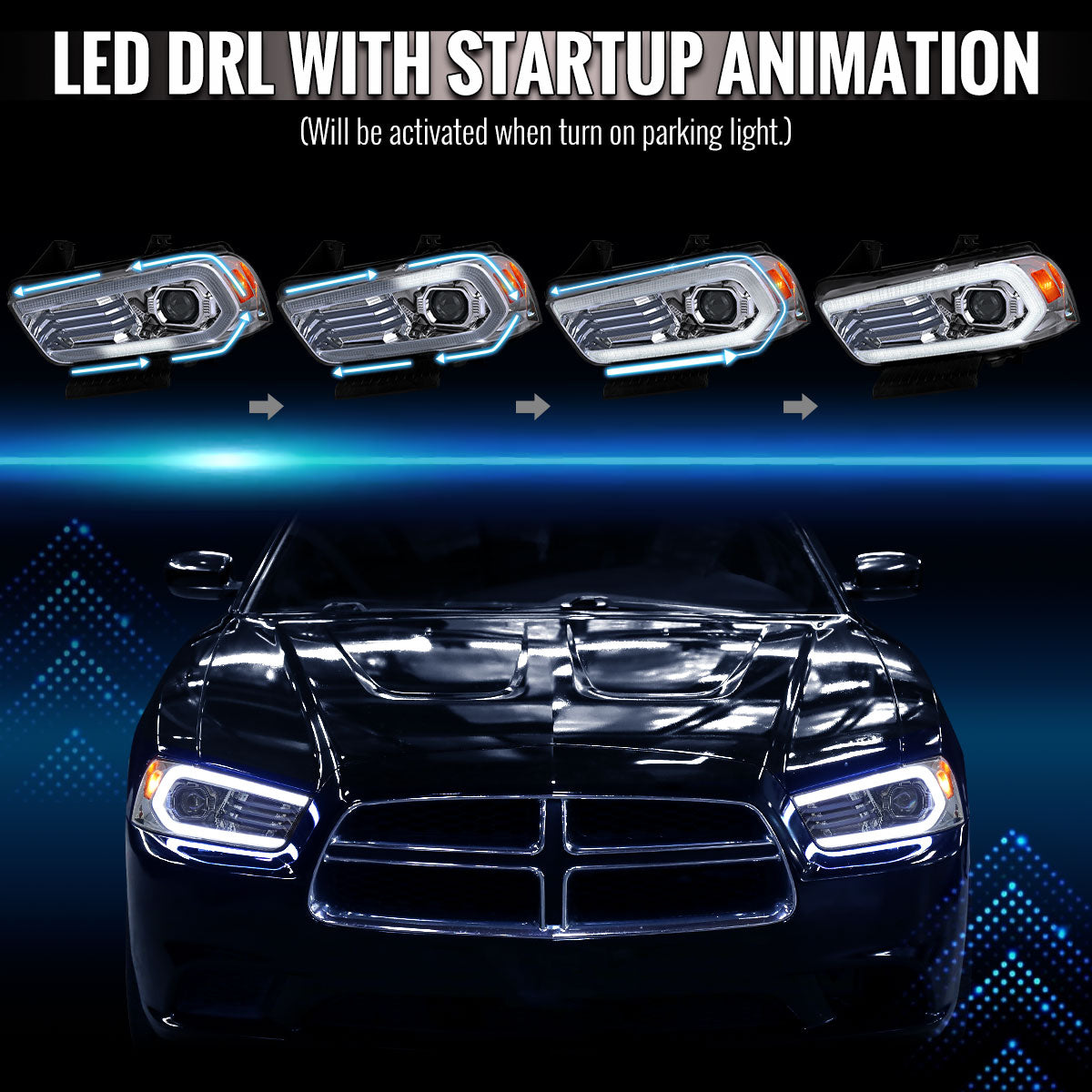 2011-2014 Dodge Charger HID Projector Headlights w/ LED DRL Light Strip Sequential Turn Signal and Side Marker (Chrome Housing / Clear Lens)