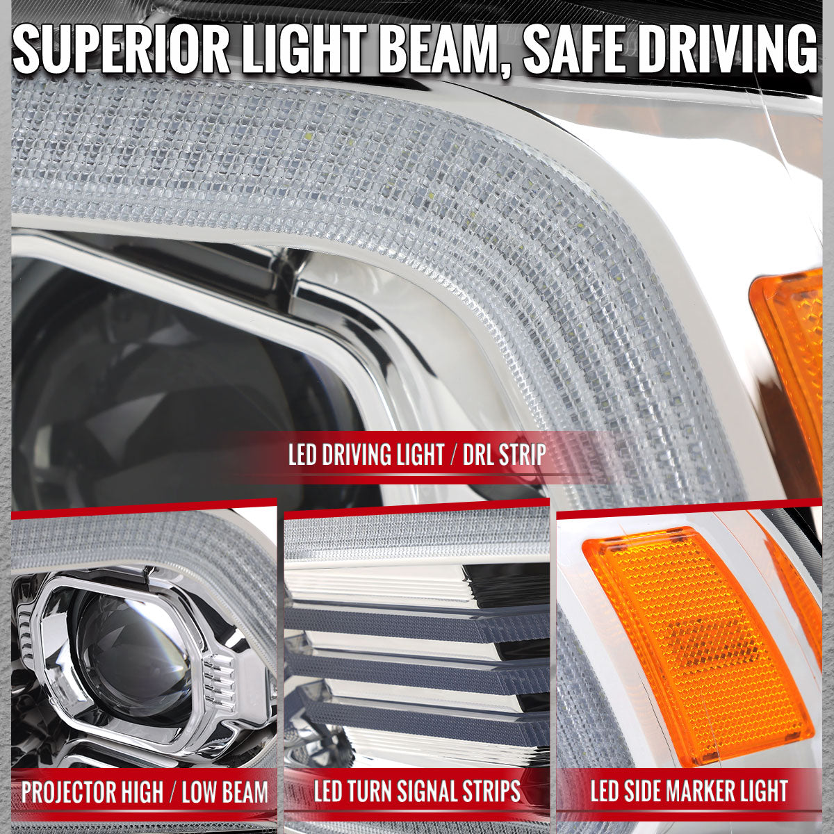 2011-2014 Dodge Charger HID Projector Headlights w/ LED DRL Light Strip Sequential Turn Signal and Side Marker (Chrome Housing / Clear Lens)