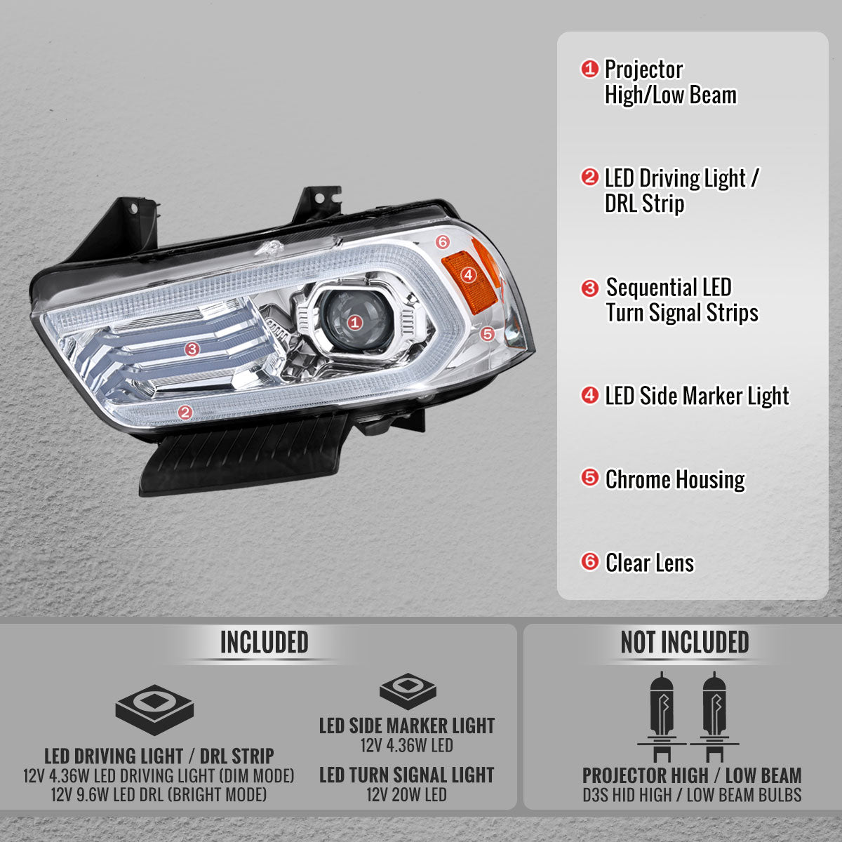 2011-2014 Dodge Charger HID Projector Headlights w/ LED DRL Light Strip Sequential Turn Signal and Side Marker (Chrome Housing / Clear Lens)