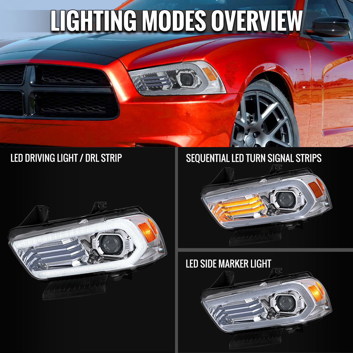 2011-2014 Dodge Charger HID Projector Headlights w/ LED DRL Light Strip Sequential Turn Signal and Side Marker (Chrome Housing / Clear Lens)