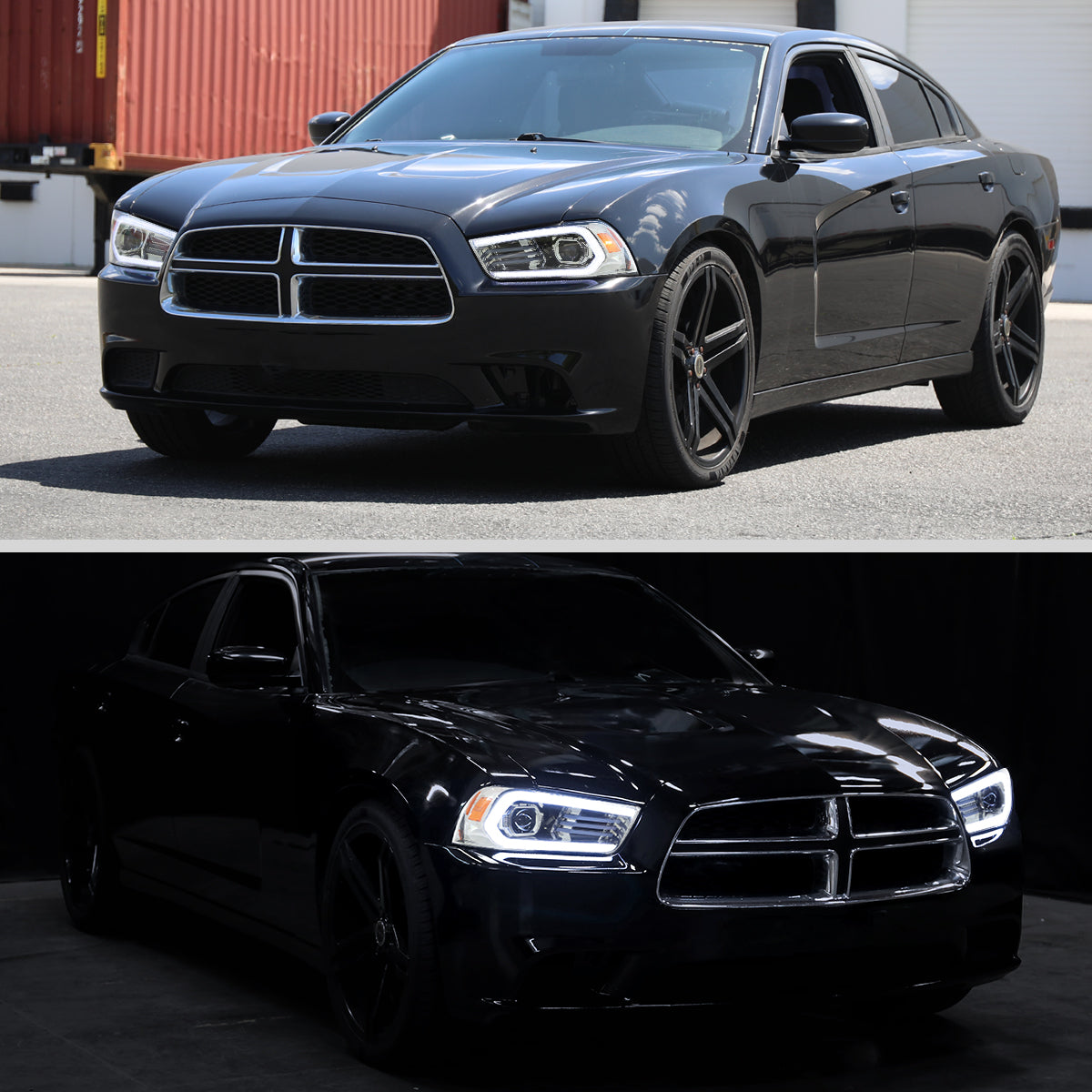 2011-2014 Dodge Charger HID Projector Headlights w/ LED DRL Light Strip Sequential Turn Signal and Side Marker (Chrome Housing / Clear Lens)