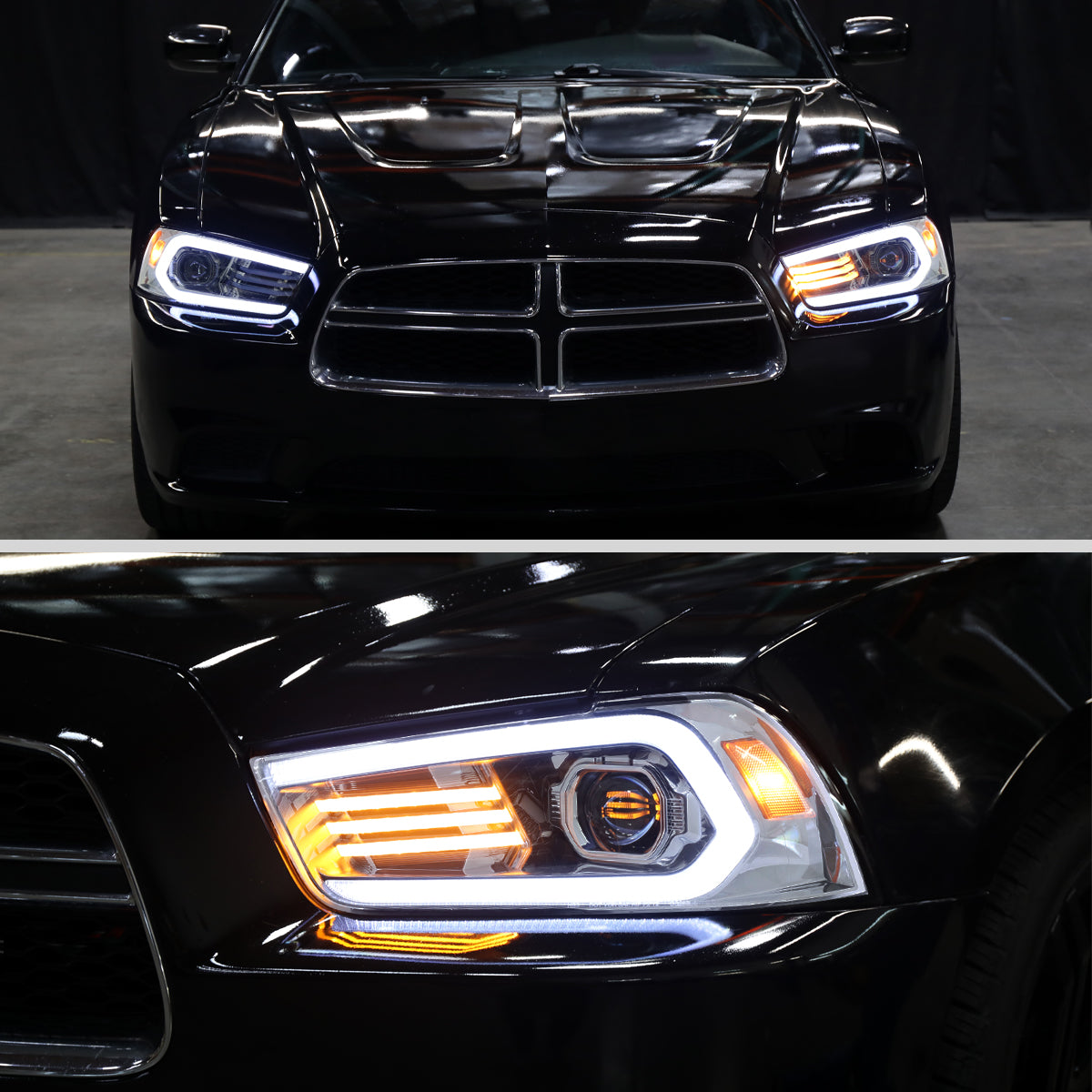 2011-2014 Dodge Charger HID Projector Headlights w/ LED DRL Light Strip Sequential Turn Signal and Side Marker (Chrome Housing / Clear Lens)