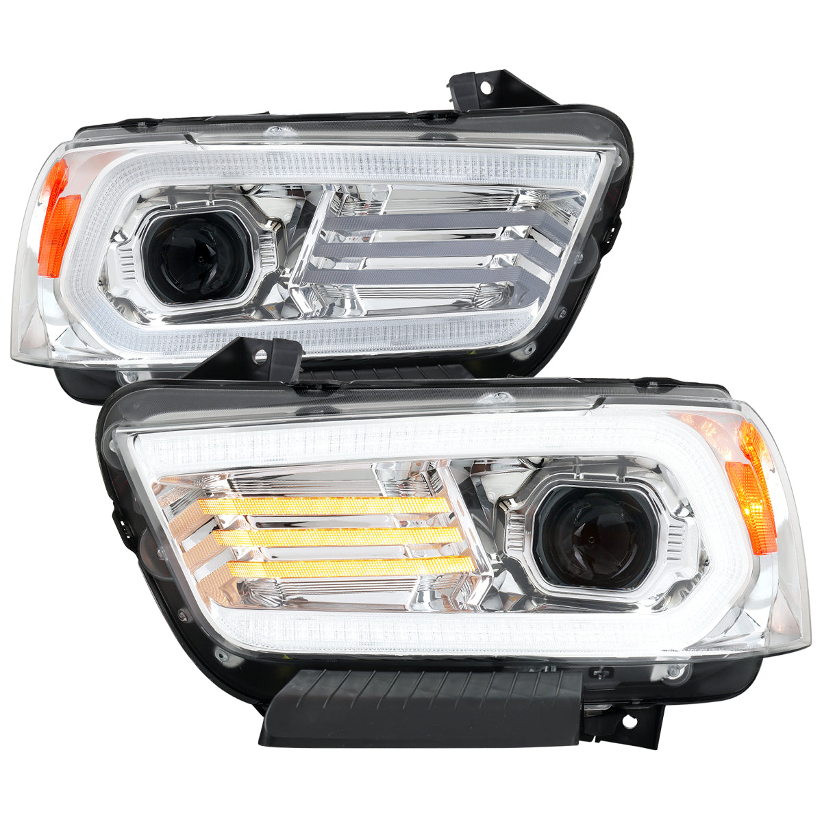 2011-2014 Dodge Charger HID Projector Headlights w/ LED DRL Light Strip Sequential Turn Signal and Side Marker (Chrome Housing / Clear Lens)