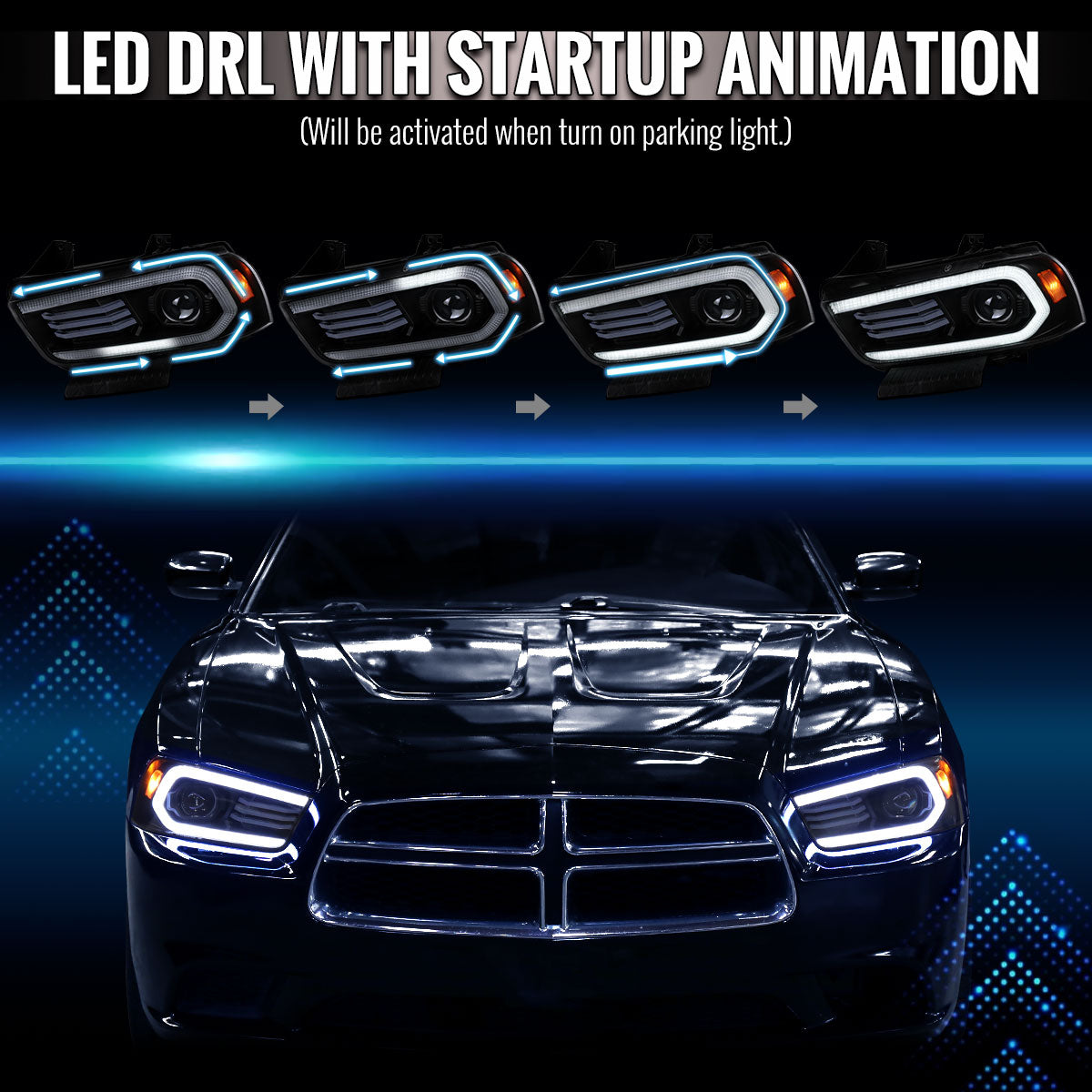 2011-2014 Dodge Charger HID Projector Headlights w/ LED DRL Light Strip Sequential Turn Signal and Side Marker (Black Housing / Clear Lens)
