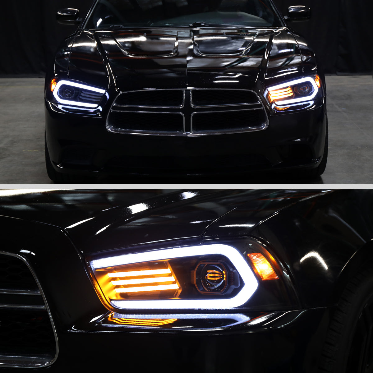 2011-2014 Dodge Charger HID Projector Headlights w/ LED DRL Light Strip Sequential Turn Signal and Side Marker (Black Housing / Clear Lens)