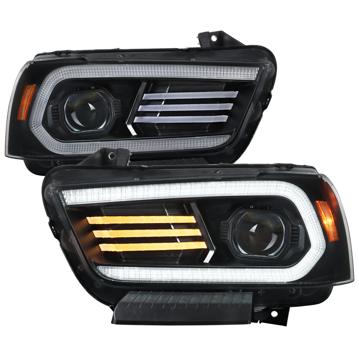 2011-2014 Dodge Charger HID Projector Headlights w/ LED DRL Light Strip Sequential Turn Signal and Side Marker (Black Housing / Clear Lens)