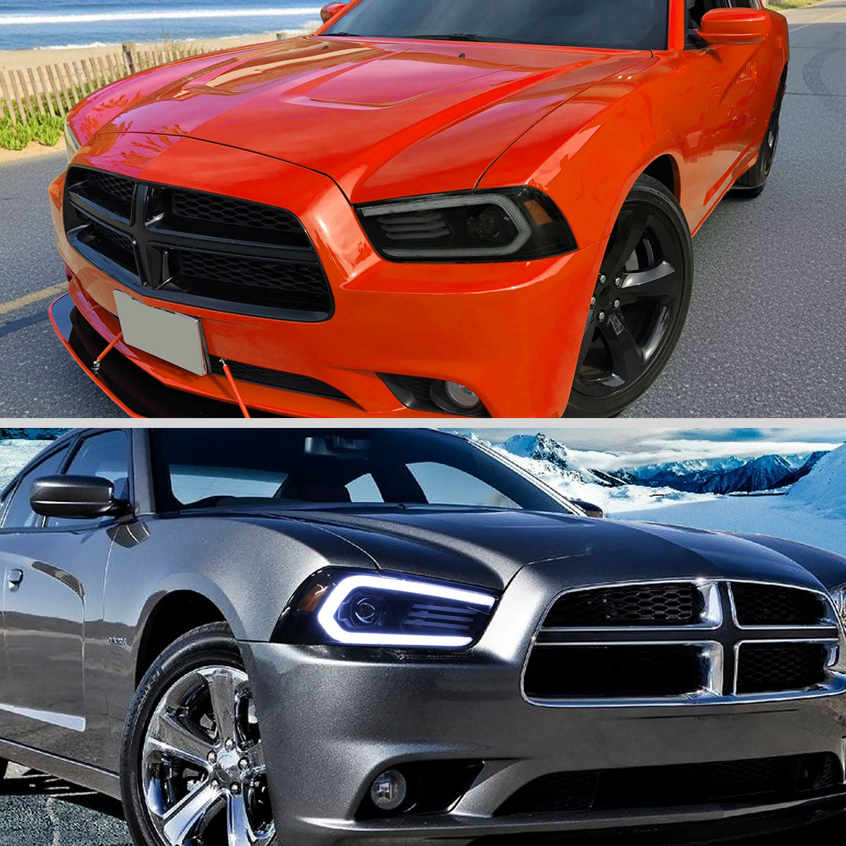 2011-2014 Dodge Charger HID Projector Headlights w/ LED DRL Light Strip Sequential Turn Signal and Side Marker (Black Housing / Smoked Lens)