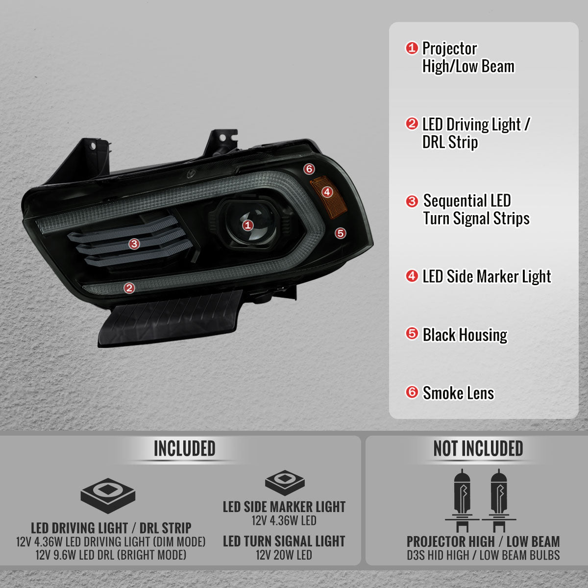 2011-2014 Dodge Charger HID Projector Headlights w/ LED DRL Light Strip Sequential Turn Signal and Side Marker (Black Housing / Smoked Lens)