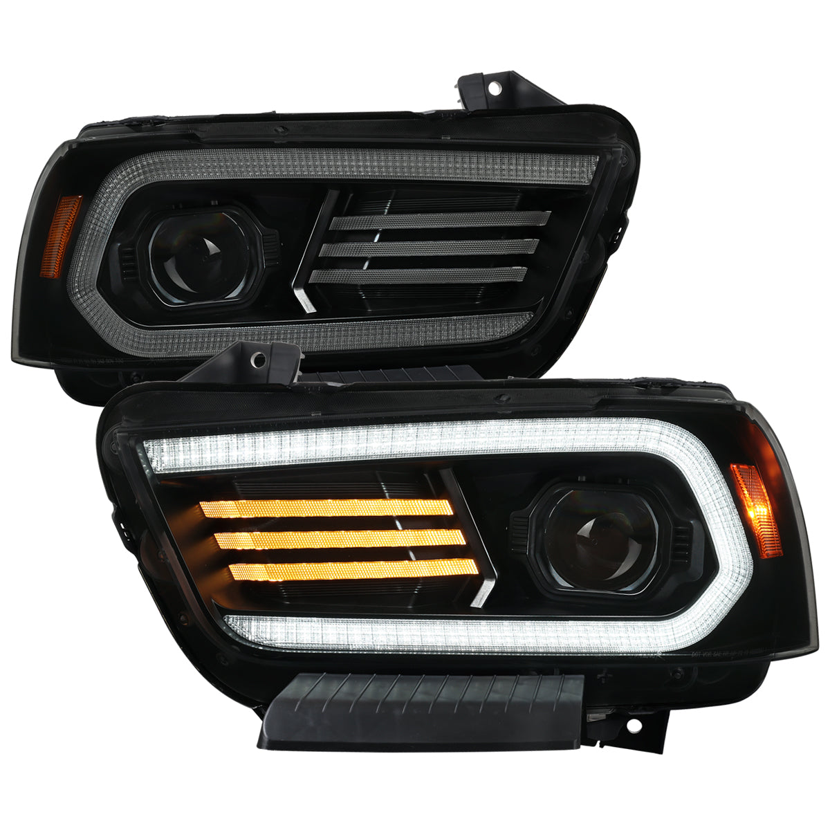 2011-2014 Dodge Charger HID Projector Headlights w/ LED DRL Light Strip Sequential Turn Signal and Side Marker (Black Housing / Smoked Lens)