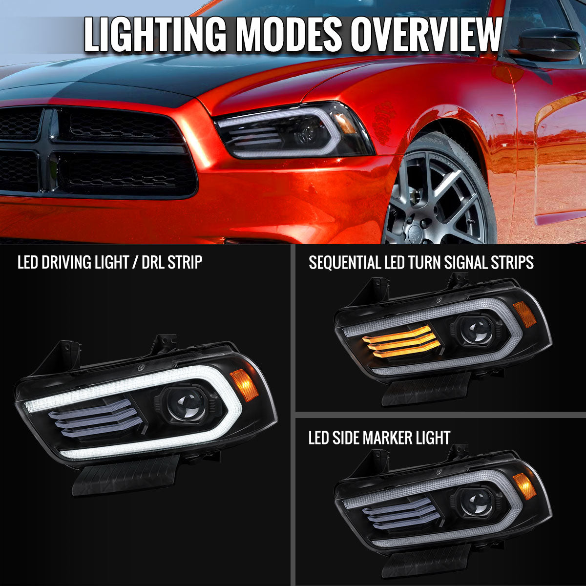 2011-2014 Dodge Charger Projector Headlights w/ LED DRL Light Strip Sequential Turn Signal and Side Marker (Black Housing / Clear Lens)