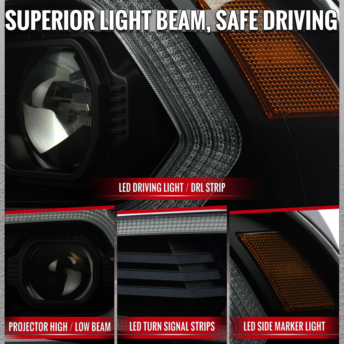 2011-2014 Dodge Charger Projector Headlights w/ LED DRL Light Strip Sequential Turn Signal and Side Marker (Black Housing / Smoked Lens)
