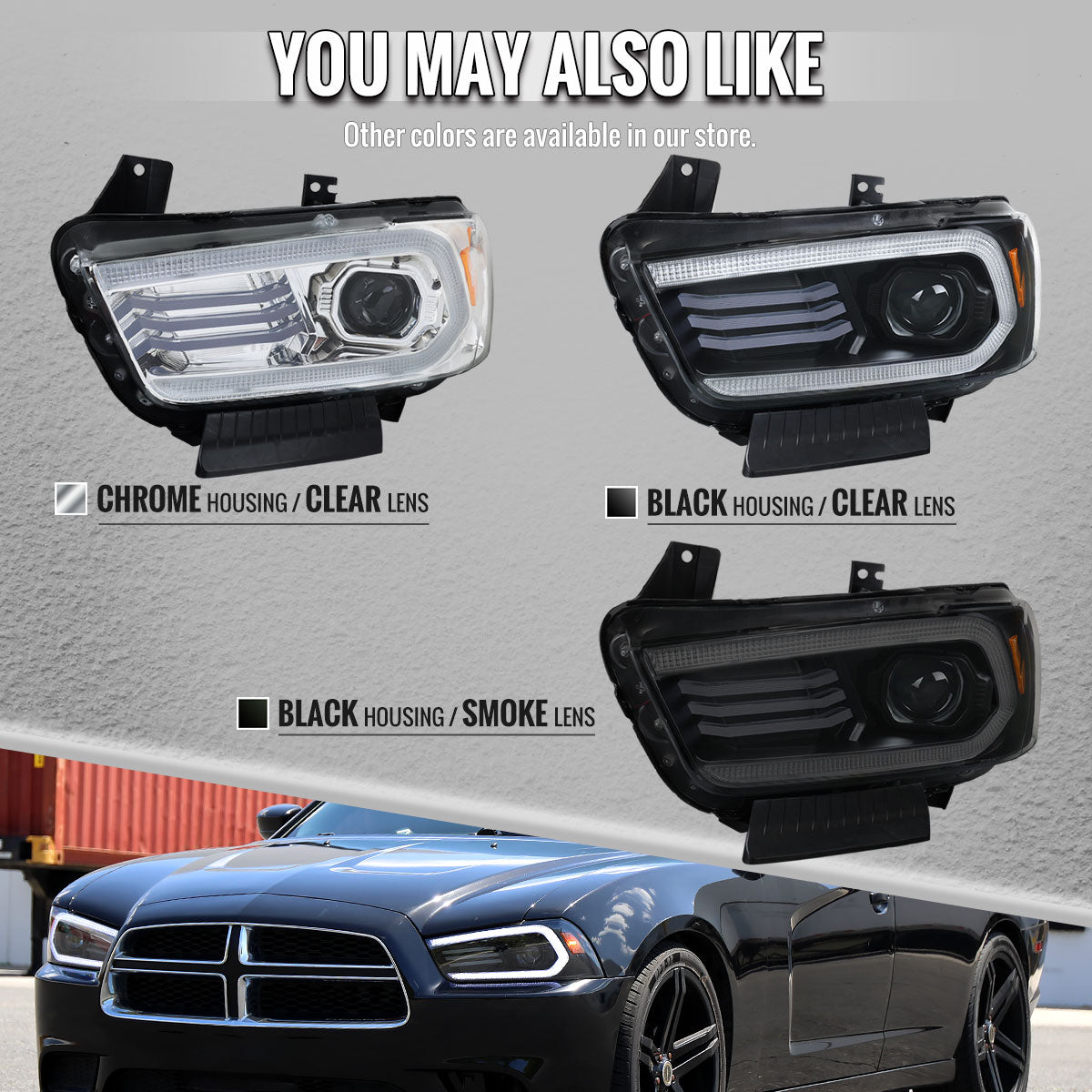 2011-2014 Dodge Charger Projector Headlights w/ LED DRL Light Strip Sequential Turn Signal and Side Marker (Black Housing / Smoked Lens)