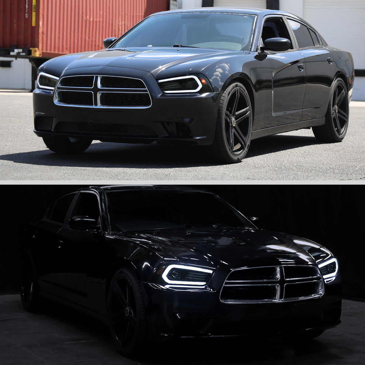 2011-2014 Dodge Charger Projector Headlights w/ LED DRL Light Strip Sequential Turn Signal and Side Marker (Black Housing / Smoked Lens)