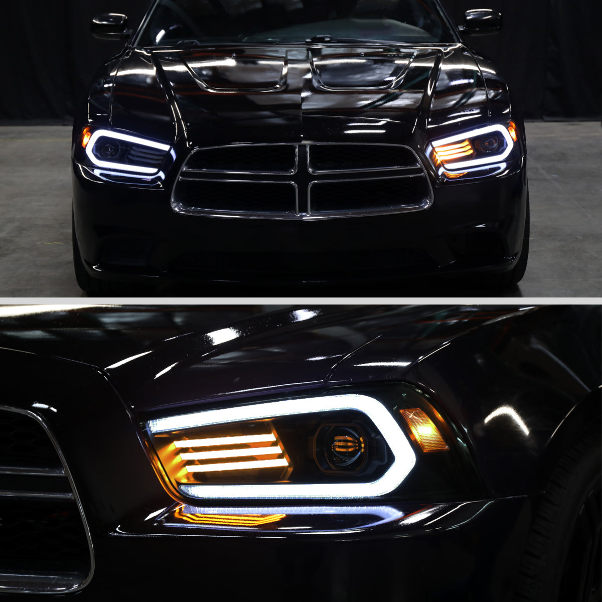 2011-2014 Dodge Charger Projector Headlights w/ LED DRL Light Strip Sequential Turn Signal and Side Marker (Black Housing / Smoked Lens)