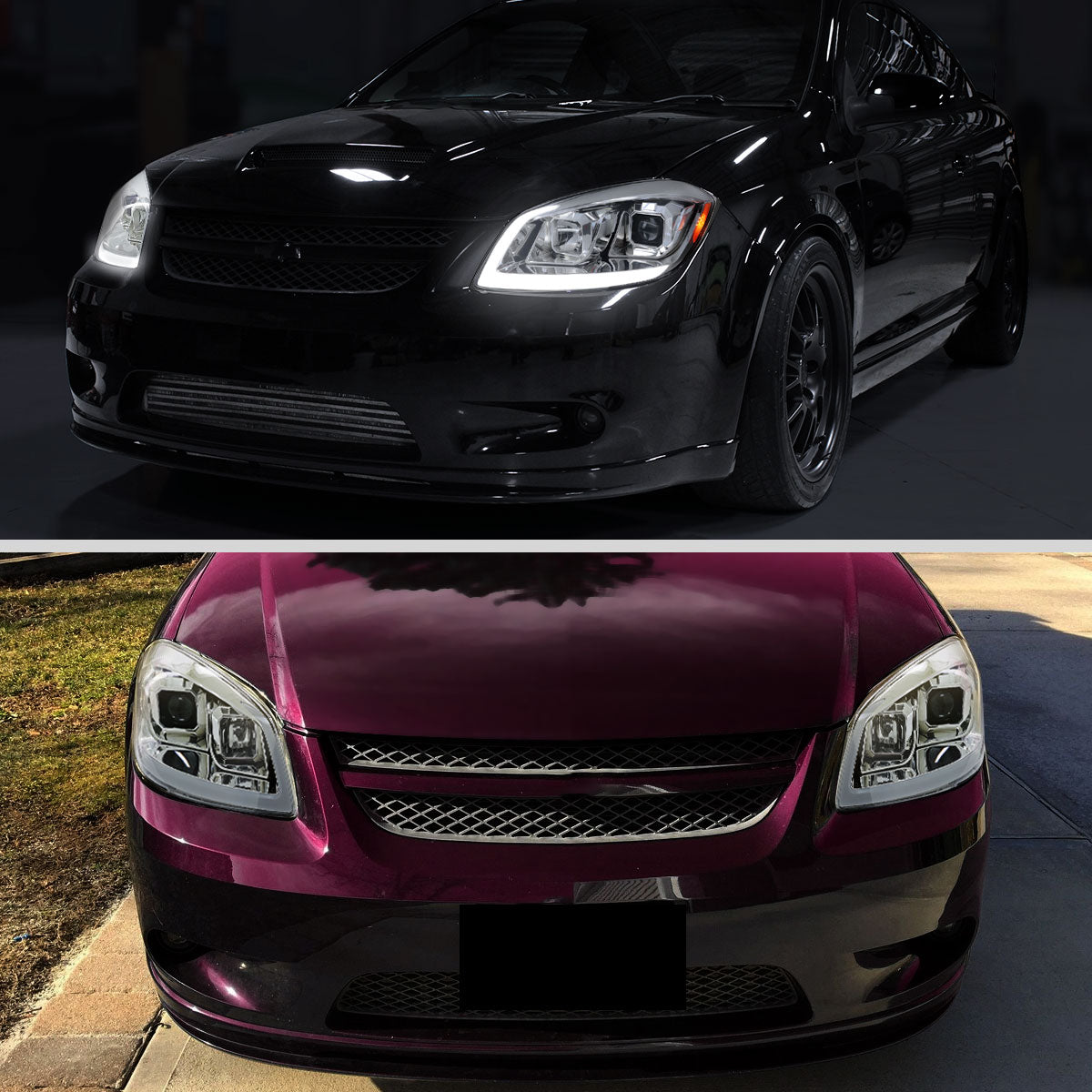 2005–2010 Chevrolet Cobalt Pontiac G5/Pursuit Projector Headlights w/ Switchback LED Turn Signal DRL Light Strip (Chrome Housing / Clear Lens)