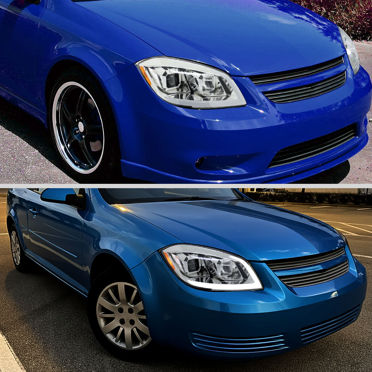 2005–2010 Chevrolet Cobalt Pontiac G5/Pursuit Projector Headlights w/ Switchback LED Turn Signal DRL Light Strip (Chrome Housing / Clear Lens)