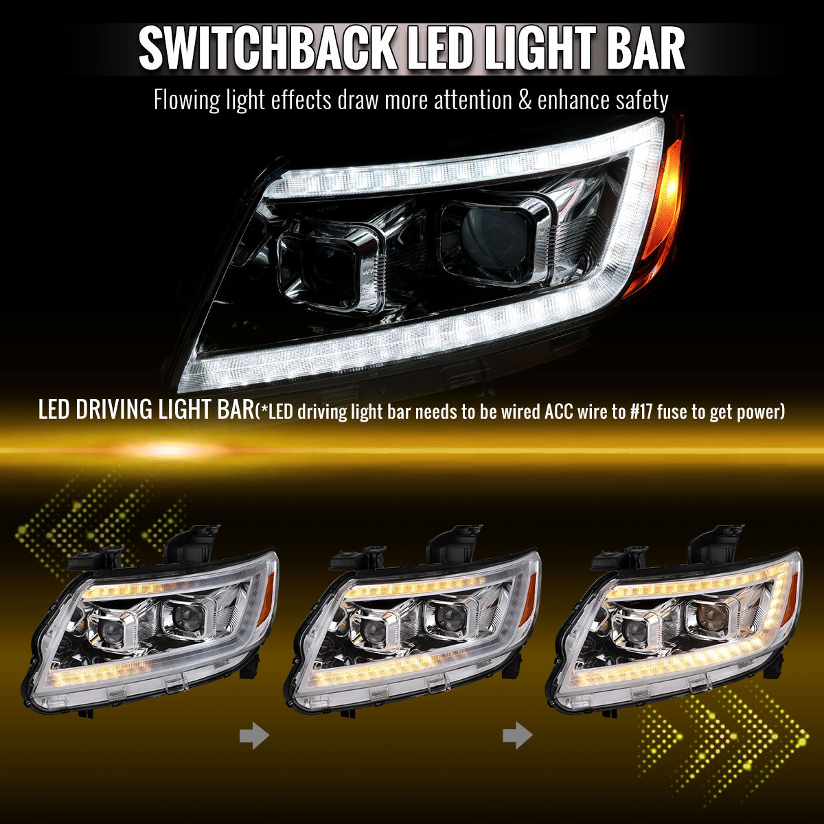 2015-2022 Chevrolet Colorado Projector Headlights w/ LED DRL Light Strip Sequential Turn Signal and Side Marker (Chrome Housing / Clear Lens)