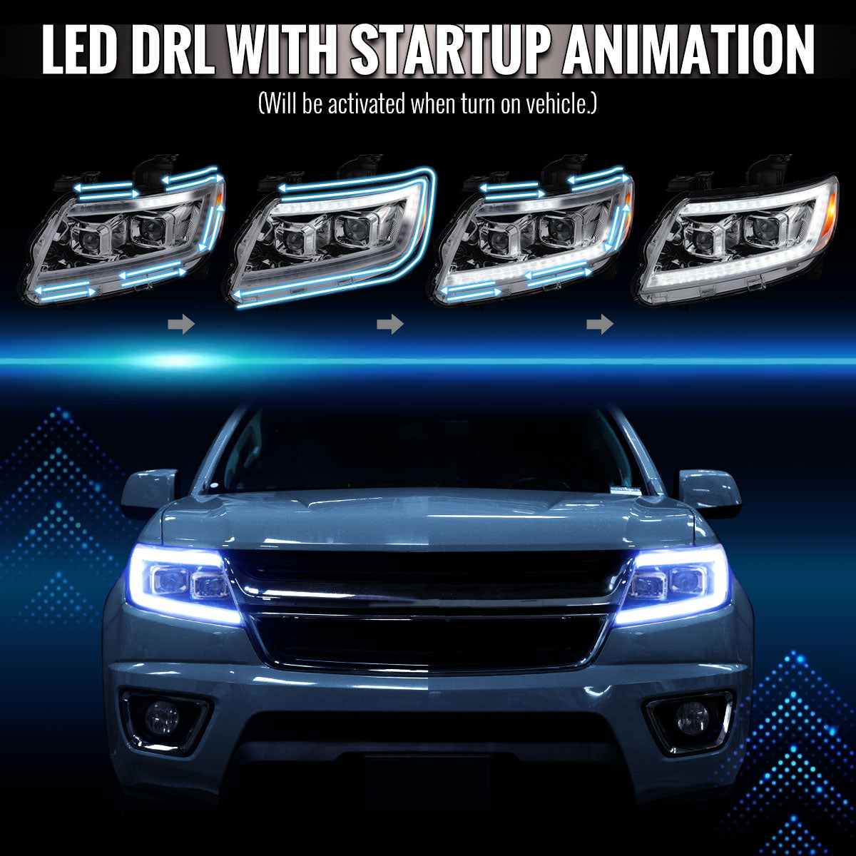 2015-2022 Chevrolet Colorado Projector Headlights w/ LED DRL Light Strip Sequential Turn Signal and Side Marker (Chrome Housing / Clear Lens)