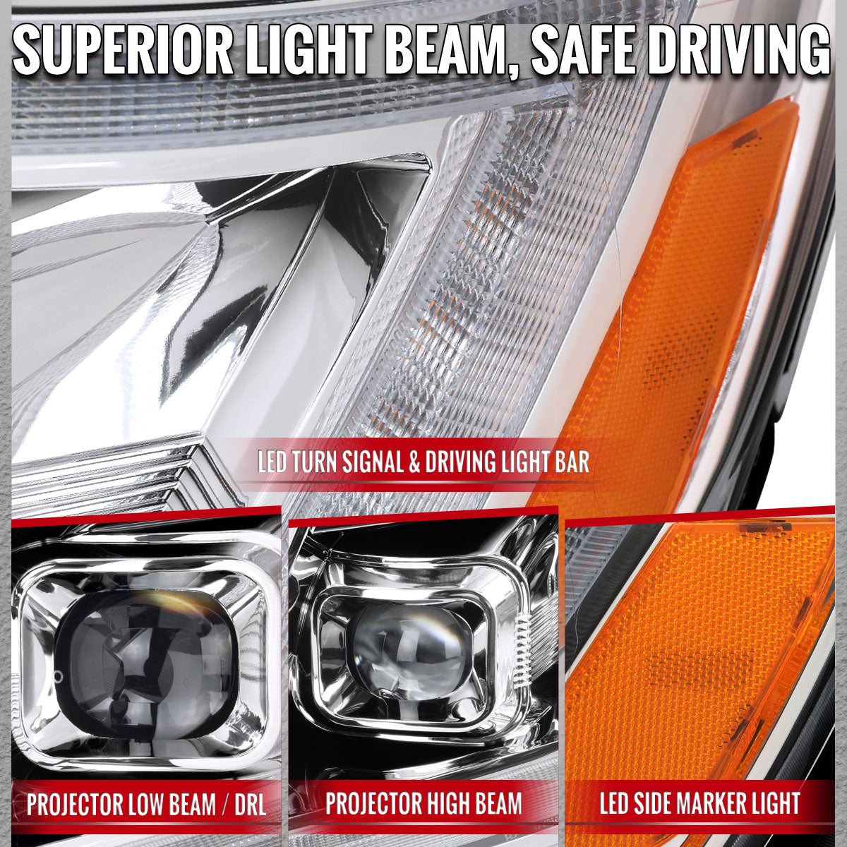 2015-2022 Chevrolet Colorado Projector Headlights w/ LED DRL Light Strip Sequential Turn Signal and Side Marker (Chrome Housing / Clear Lens)