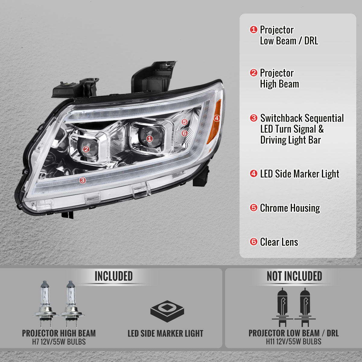 2015-2022 Chevrolet Colorado Projector Headlights w/ LED DRL Light Strip Sequential Turn Signal and Side Marker (Chrome Housing / Clear Lens)